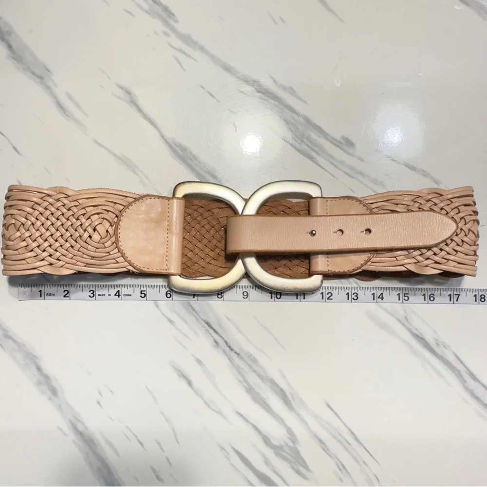 Linea Pelle Braided Leather Belt in Light Tan with Gold Buckles